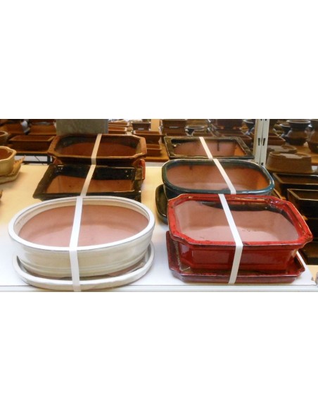 Vaso per bonsai in ceramica smaltata con sottovaso