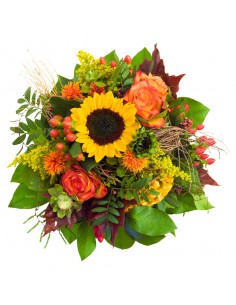 Autunno, Bouquet di Rose, Girasoli e Foglie di Quercia