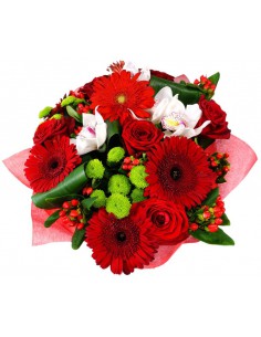 Vivace, Mazzo di Fiori con Gerbere e Rose Rosse